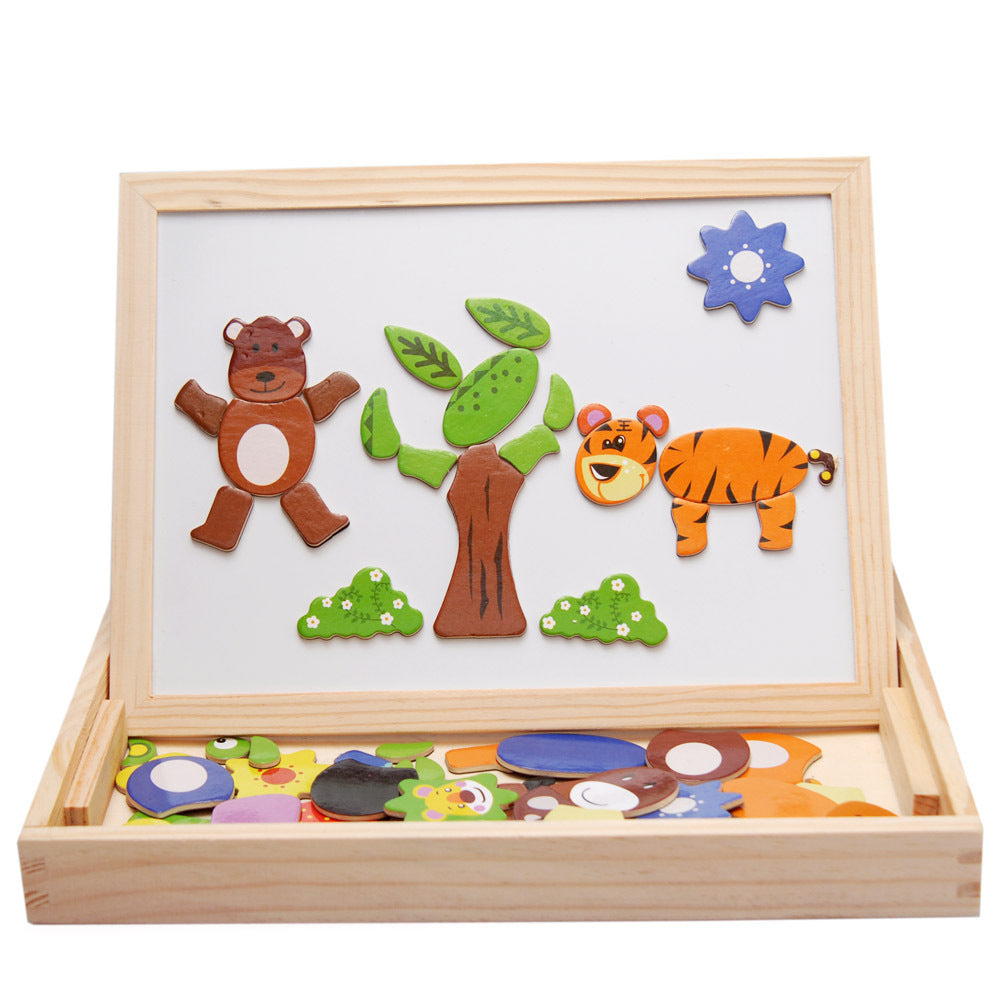 Children's Puzzle Multifunctional Double-sided Magnetic Puzzle Drawing Board Wooden Animal Scene Puzzle Toy 4-6