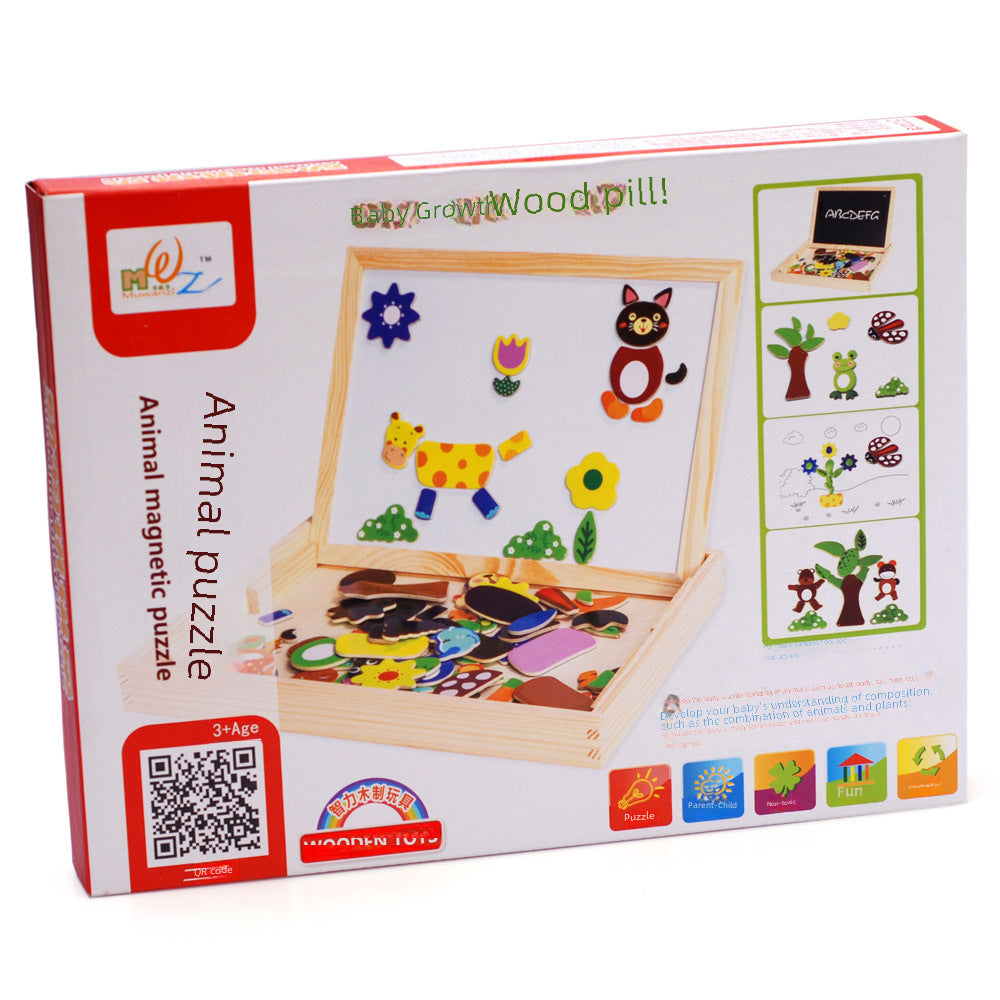 Children's Puzzle Multifunctional Double-sided Magnetic Puzzle Drawing Board Wooden Animal Scene Puzzle Toy 4-6